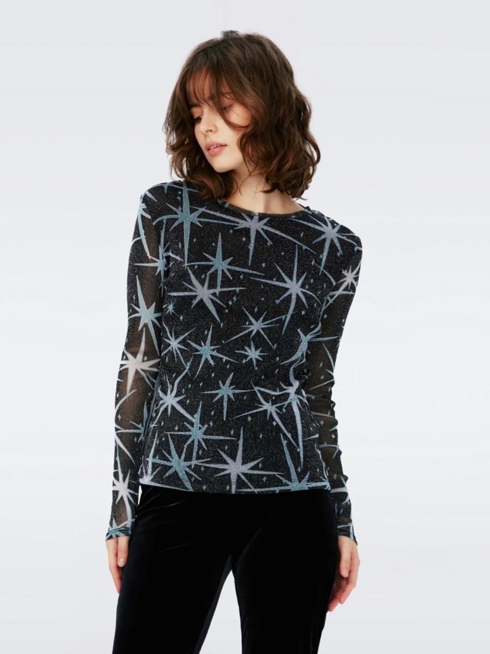 DVF Diane Von Furstenberg Logan Metallic Mesh Top in Huge Magic Stars Blue  XL
